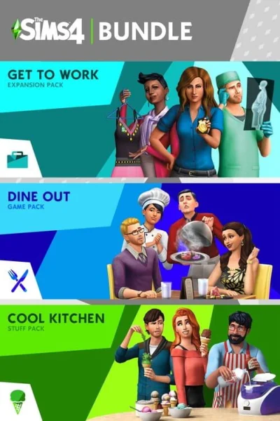 The Sims 4: Bundle - Get to Work, Dine Out, Cool Kitchen Stuff box art
