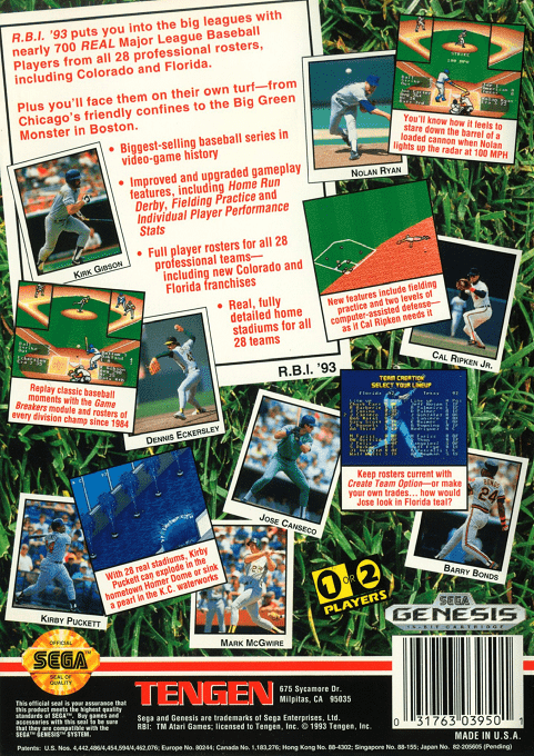 R.b.i. Baseball '93 — box-2D-back (US)