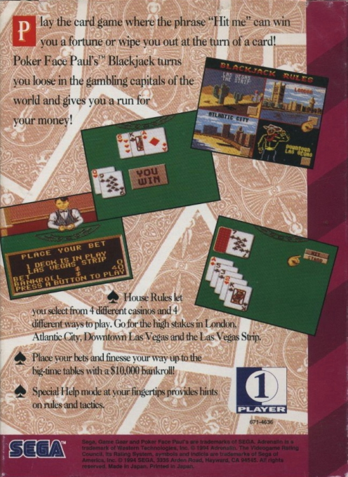 Poker Faced Paul's Blackjack — box-2D-back (US)