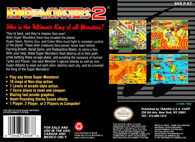 King Of The Monsters 2 — box-2D-back (US)