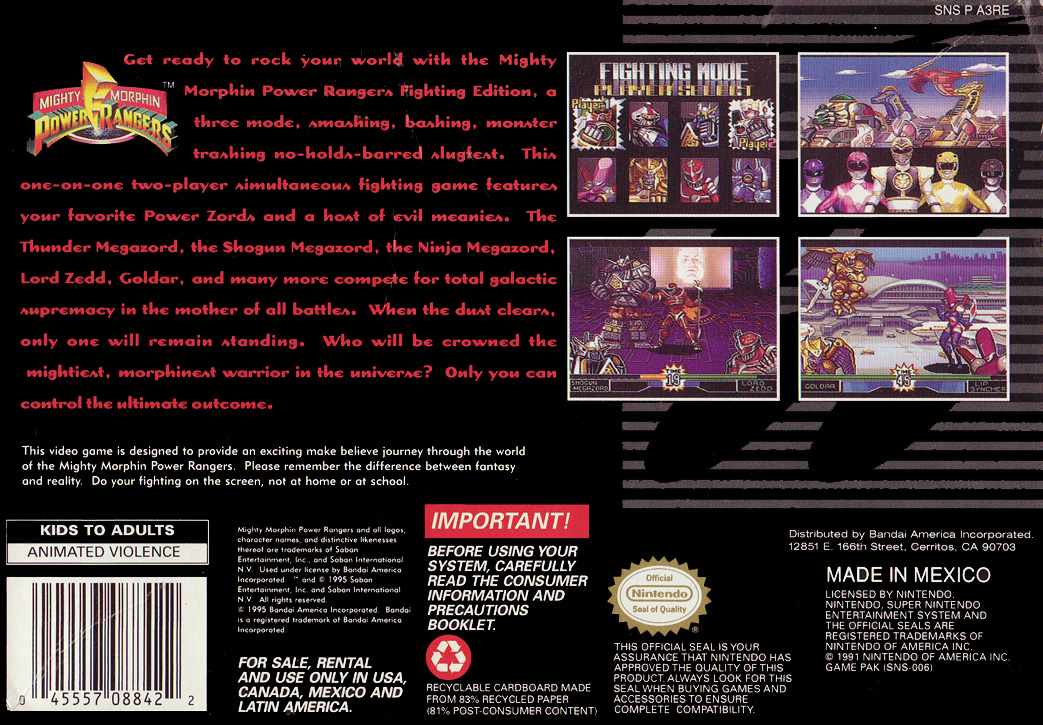Mighty Morphin Power Rangers - The Fighting Edition — box-2D-back (US)