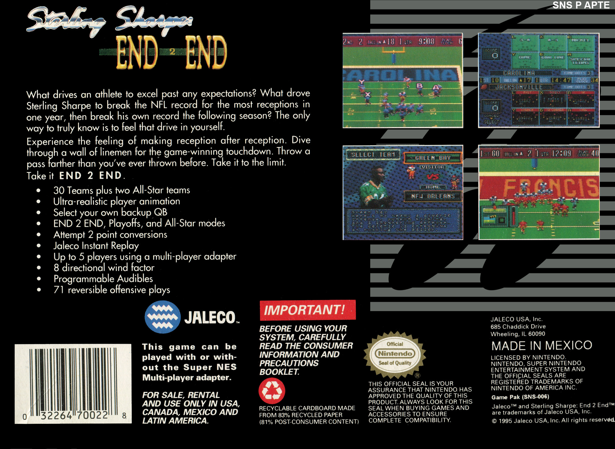 Sterling Sharpe - End 2 End — box-2D-back (US)