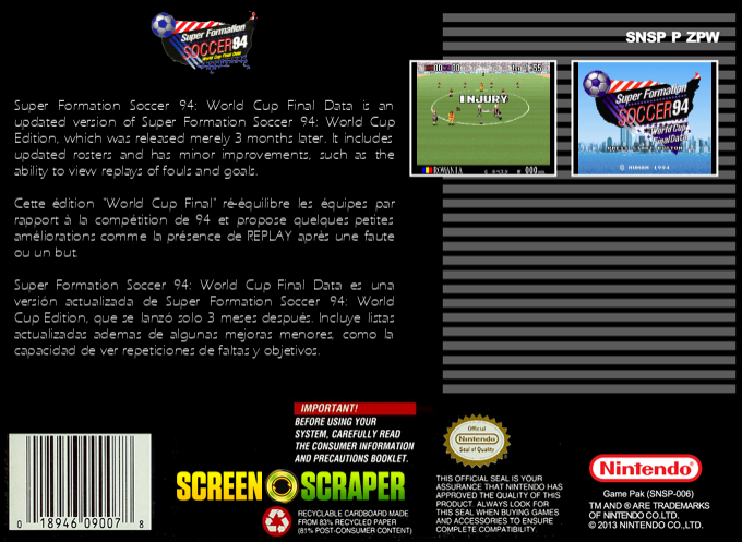 Super Formation Soccer 94 - World Cup Final Data — box-2D-back (SS)