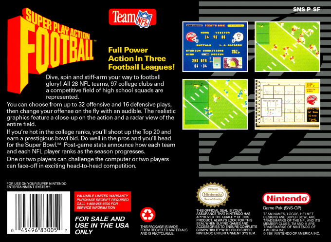 Super Play Action Football — box-2D-back (US)