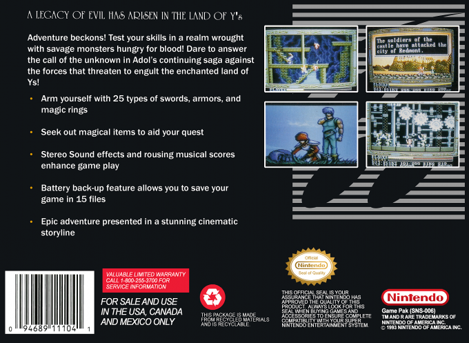 Ys 3 - Wanderers From Ys — box-2D-back (US)