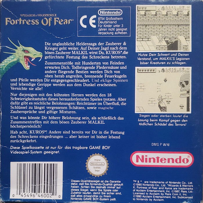 Wizards And Warriors Chapter X - The Fortress Of Fear — box-2D-back (DE)