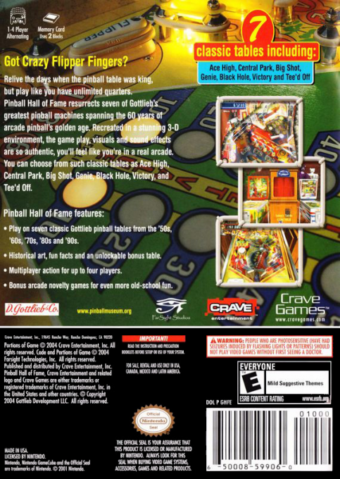 Pinball Hall Of Fame - The Gottlieb Collection — box-2D-back (US)