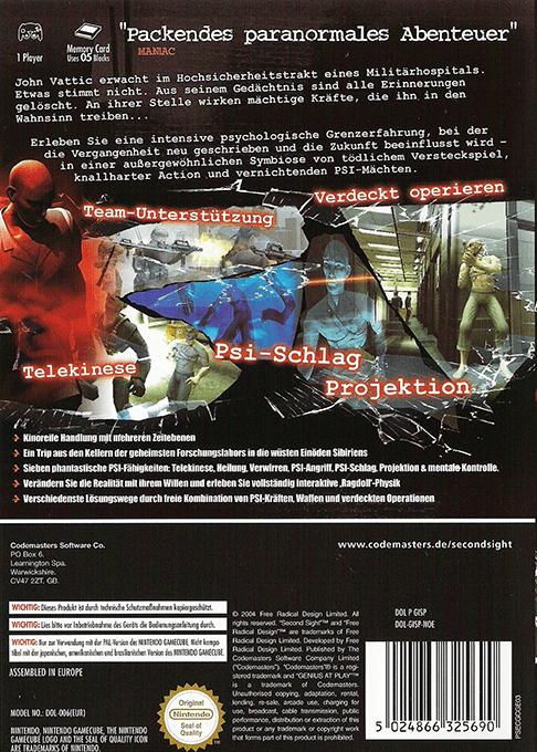 Second Sight — box-2D-back (DE)