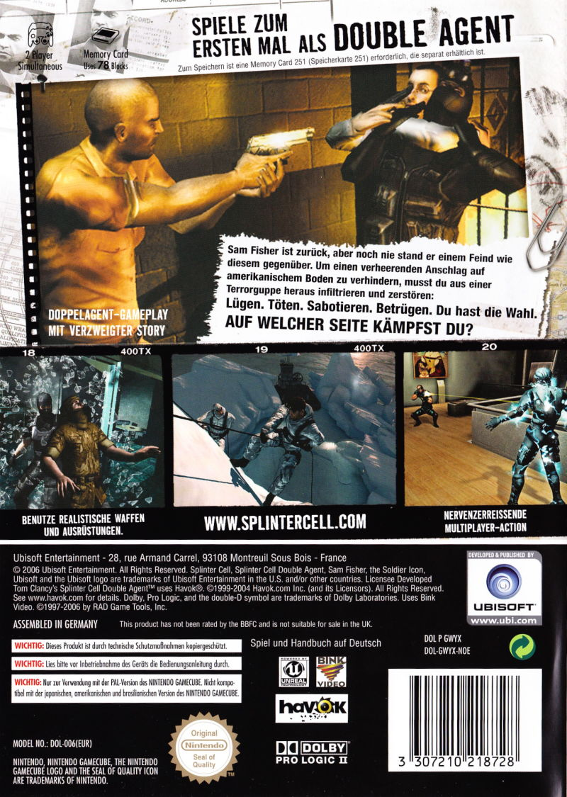 Tom Clancy's Splinter Cell - Double Agent — box-2D-back (DE)