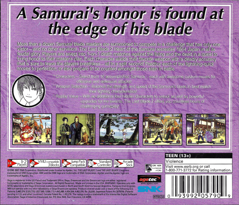Last Blade 2, The - Heart of the Samurai — box-2D-back (US)