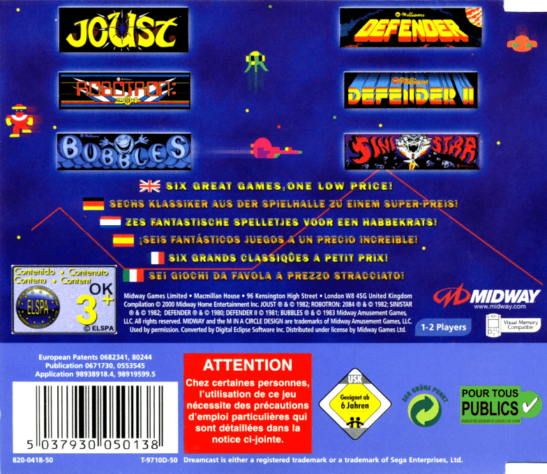 Midway's Greatest Arcade Hits Volume 1 — box-2D-back (EU)