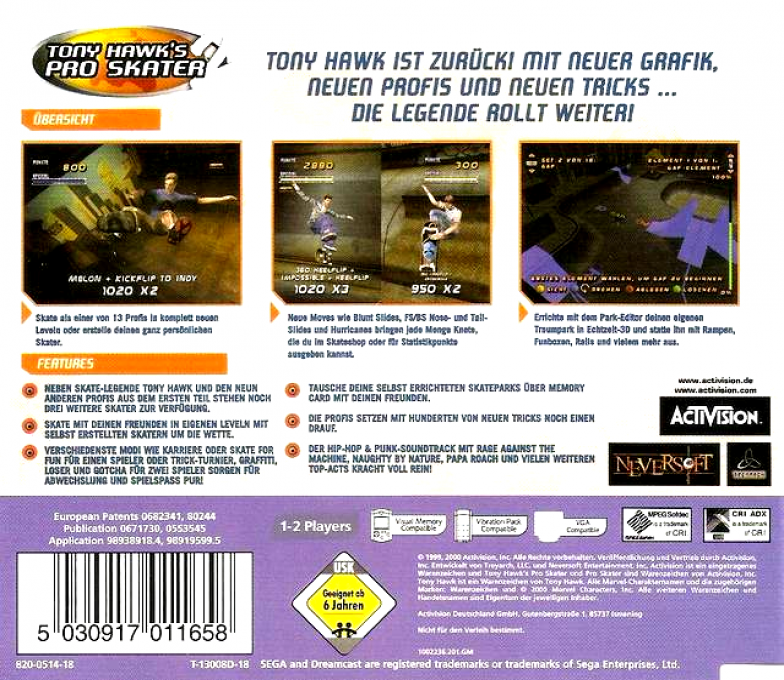 Tony Hawk's Pro Skater 2 — box-2D-back (DE)