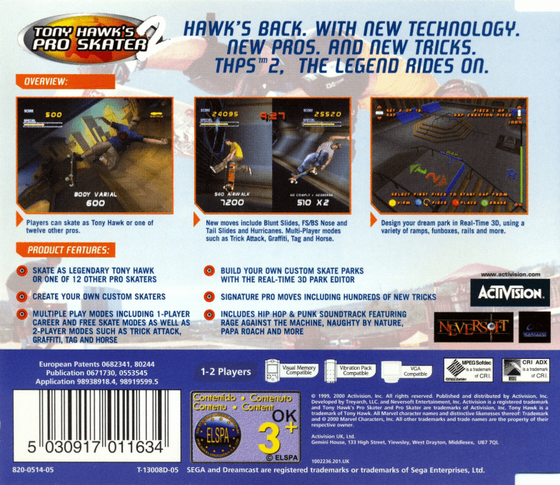 Tony Hawk's Pro Skater 2 — box-2D-back (EU)