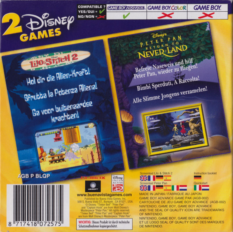 2 Disney Games - Lilo And Stitch 2 + Peter Pan - Return To Neverland — box-2D-back (EU)