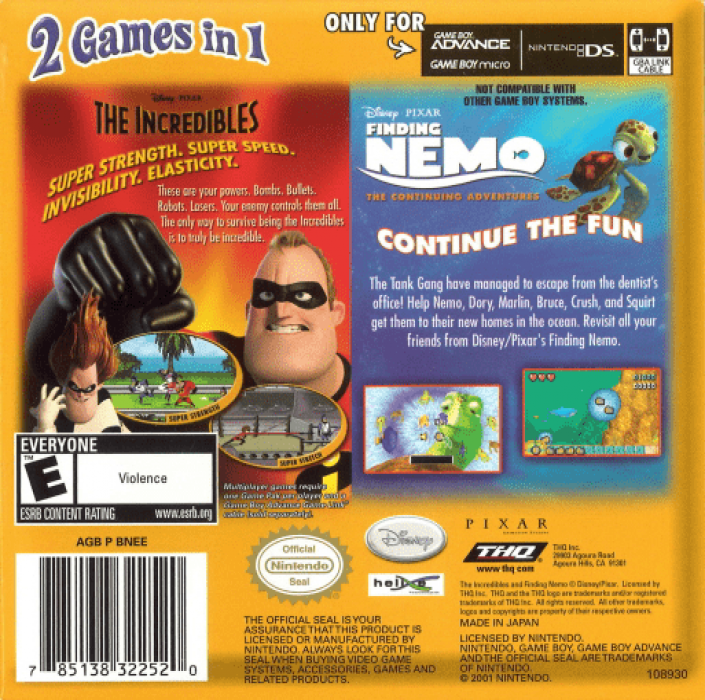 2 Games In 1 - Finding Nemo - The Continuing Adventures + The Incredibles — box-2D-back (US)