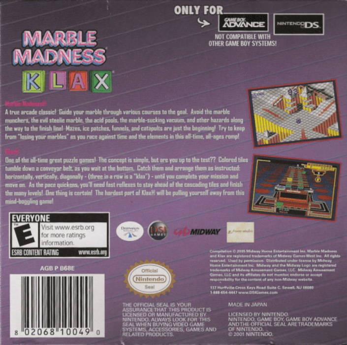 Marble Madness / Klax — box-2D-back (US)