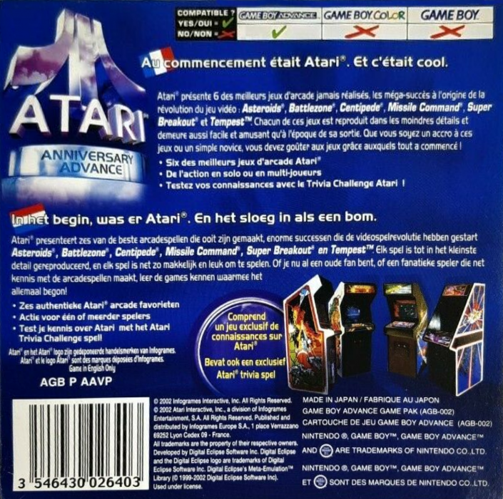 Atari Anniversary Advance — box-2D-back (FR)
