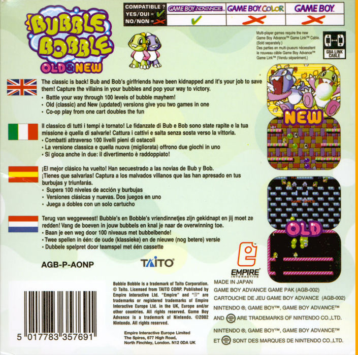 Bubble Bobble - Old And New — box-2D-back (EU)