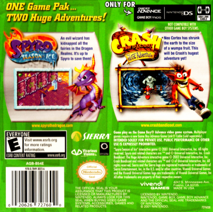 Crash And Spyro Superpack - Spyro - Season Of Ice + Crash Bandicoot - The Huge Adventure — box-2D-back (US)