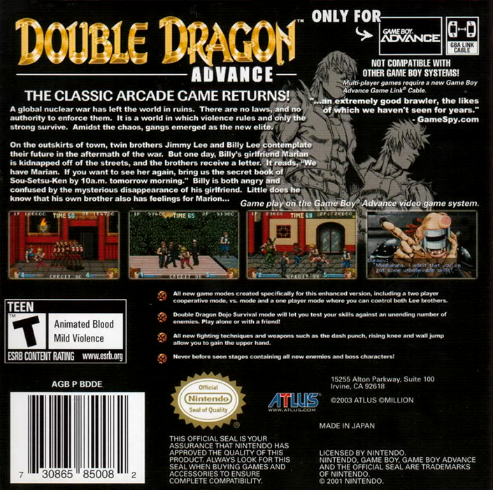 Double Dragon Advance — box-2D-back (US)