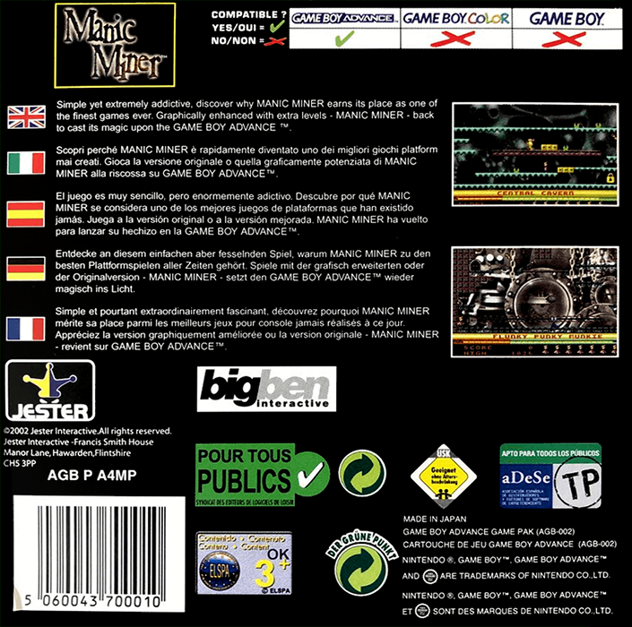 Manic Miner — box-2D-back (EU)