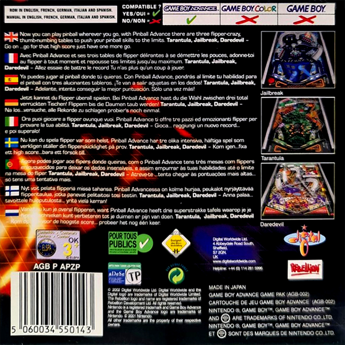 Pinball Advance — box-2D-back (EU)