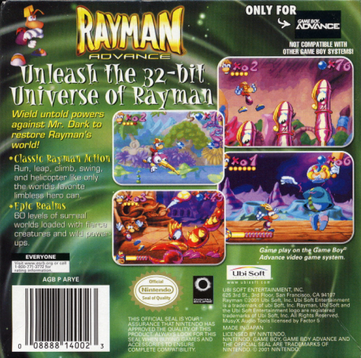 Rayman Advance — box-2D-back (US)