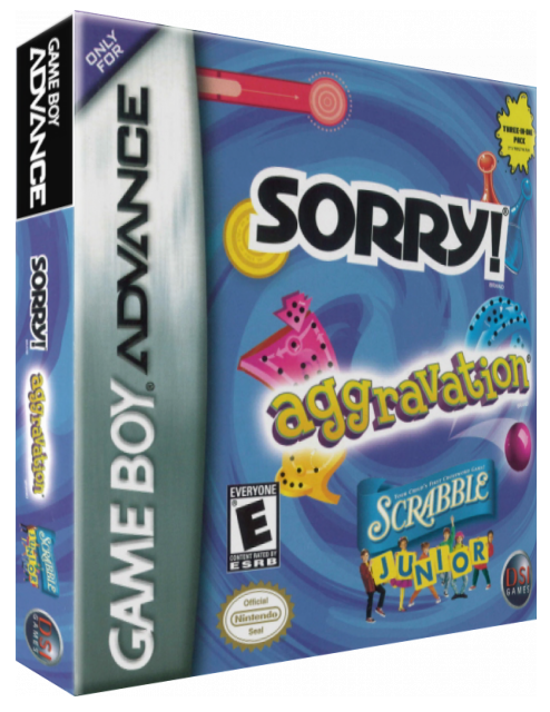 Three-in-one Pack - Sorry! + Aggravation + Scrabble Junior — box-3D (US)