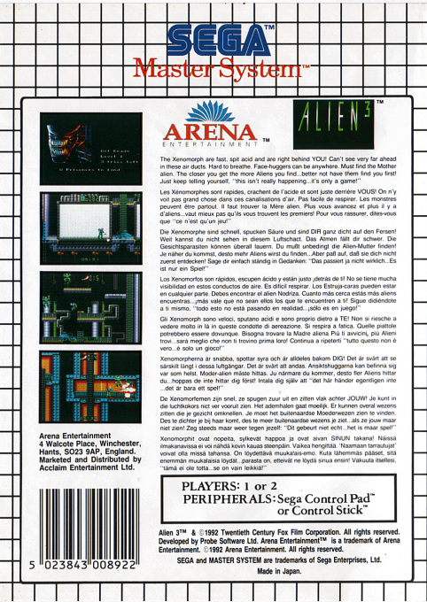 Alien 3 — box-2D-back (EU)