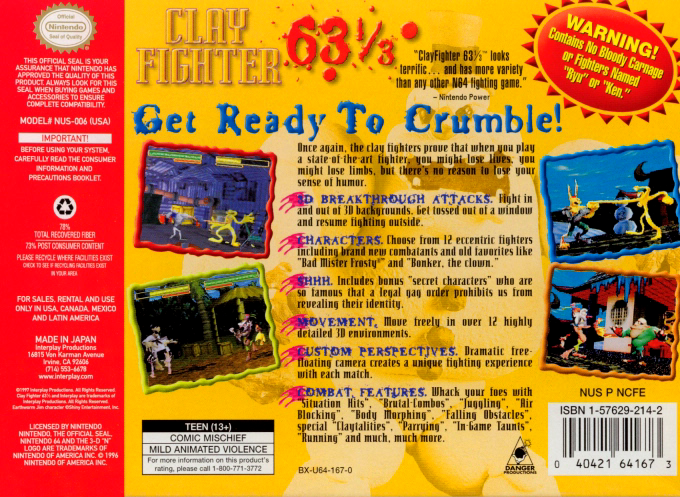 Clay Fighter 63 1/3 — box-2D-back (US)