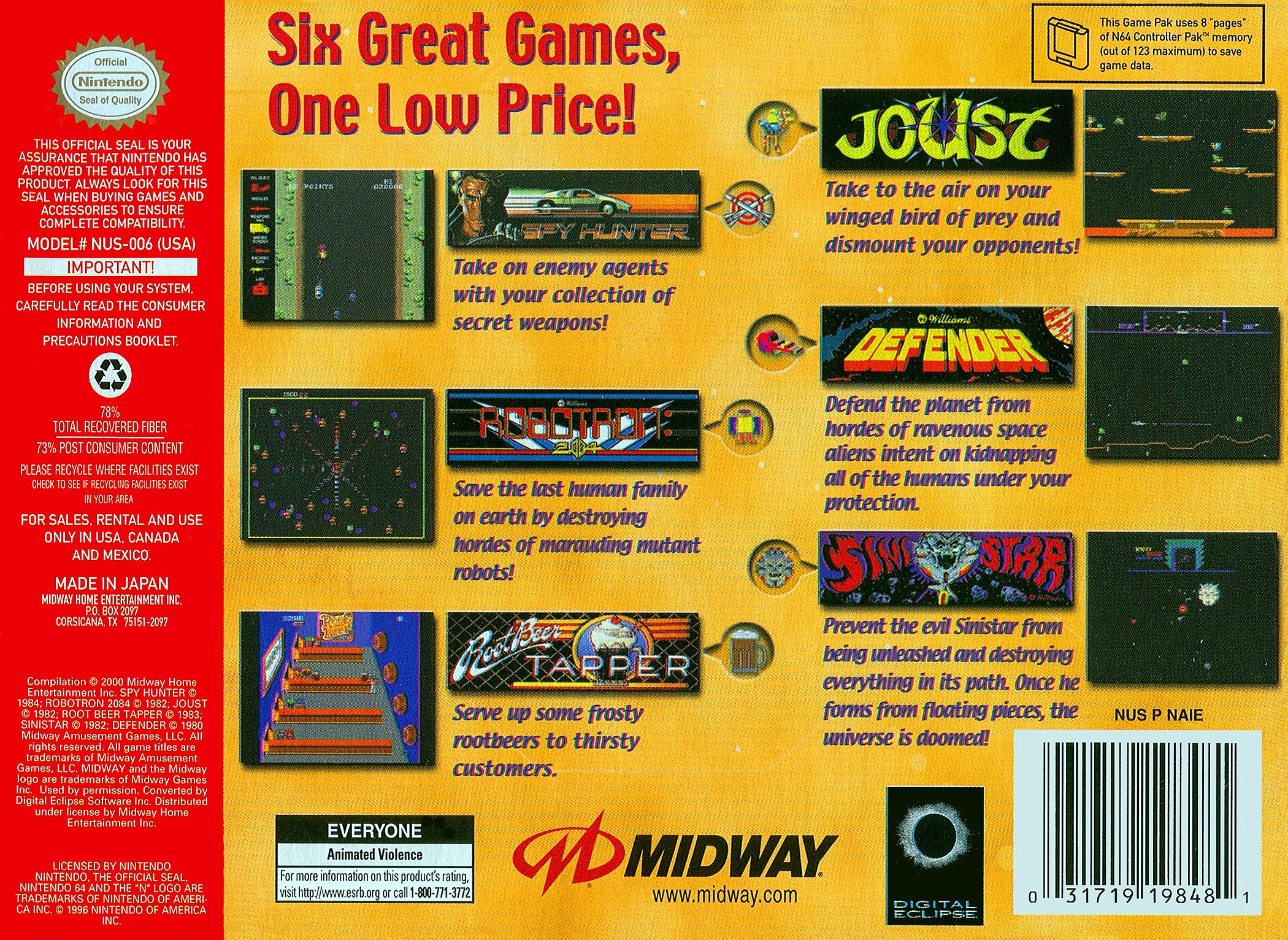 Midway's Greatest Arcade Hits - Volume 1 — box-2D-back (US)