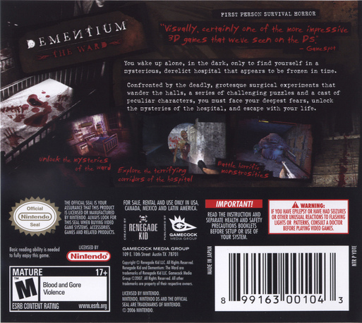 Dementium - L'asile — box-2D-back (US)