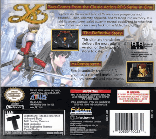 Legacy Of Ys - Books 1 And 2 — box-2D-back (US)