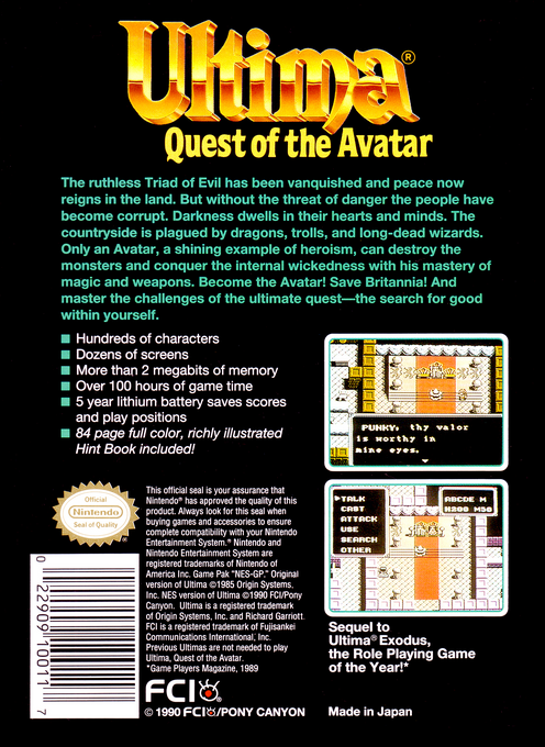 Ultima - Quest Of The Avatar — box-2D-back (US)