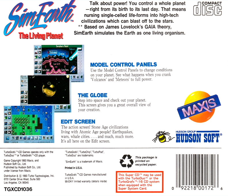 Sim Earth - The Living Planet — box-2D-back (US)