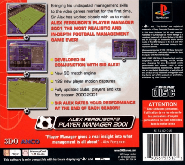 Alex Ferguson's Player Manager 2001 — box-2D-back (EU)