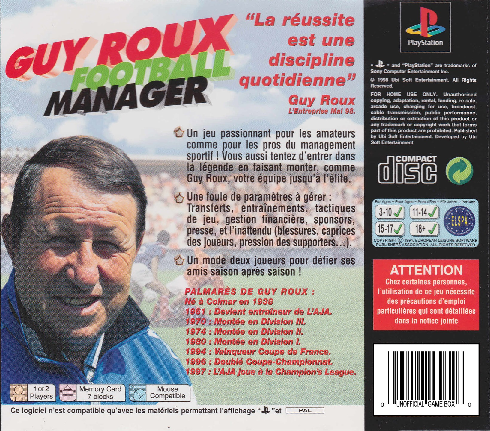 Guy Roux Football Manager Saison 97/98 — box-2D-back (FR)