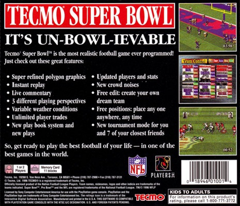 Tecmo Super Bowl — box-2D-back (US)