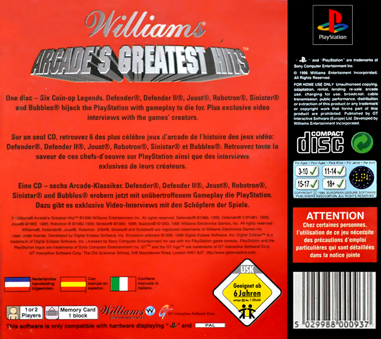 Williams Arcade's Greatest Hits — box-2D-back (EU)