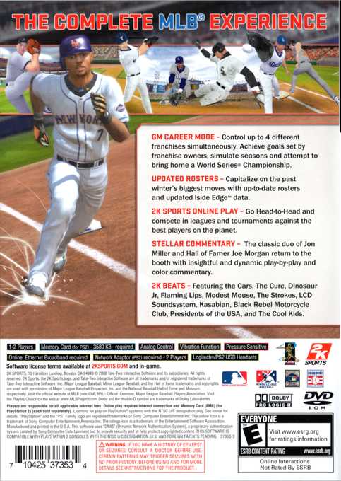Major League Baseball 2k8 — box-2D-back (US)