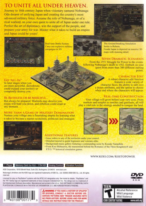 Nobunaga's Ambition - Rise To Power — box-2D-back (US)