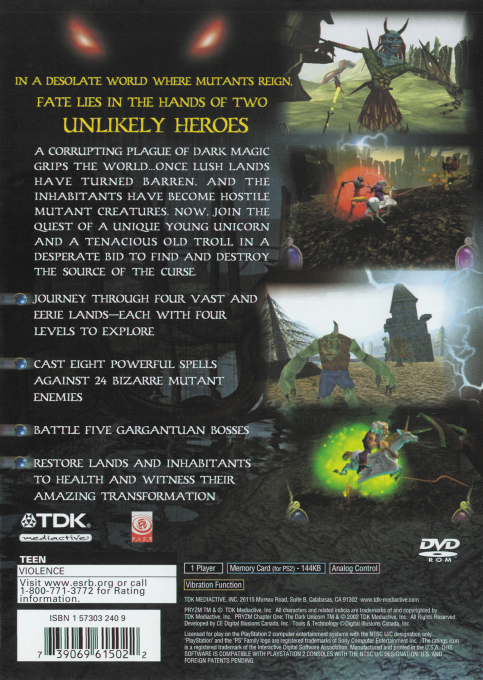 Pryzm Chapter One - The Dark Unicorn — box-2D-back (US)