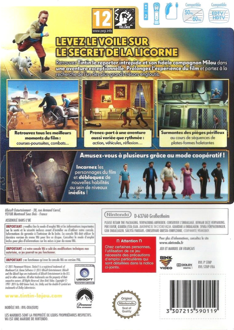 Adventures of Tintin, The - The Secret of the Unicorn — box-2D-back (FR)