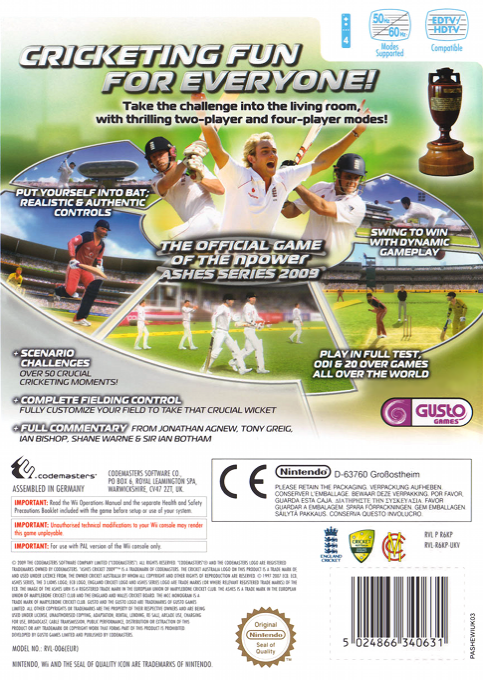Ashes Cricket 2009 — box-2D-back (EU)