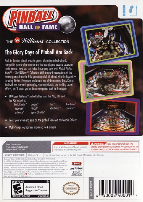 Williams Pinball Classics — box-2D-back (US)