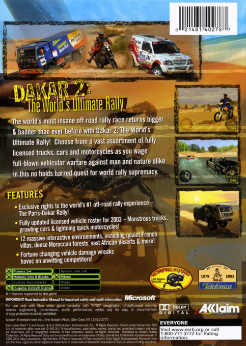 Dakar 2 - The World's Ultimate Rally — box-2D-back (US)