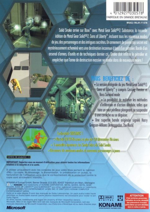 Metal Gear Solid 2 Substance — box-2D-back (FR)