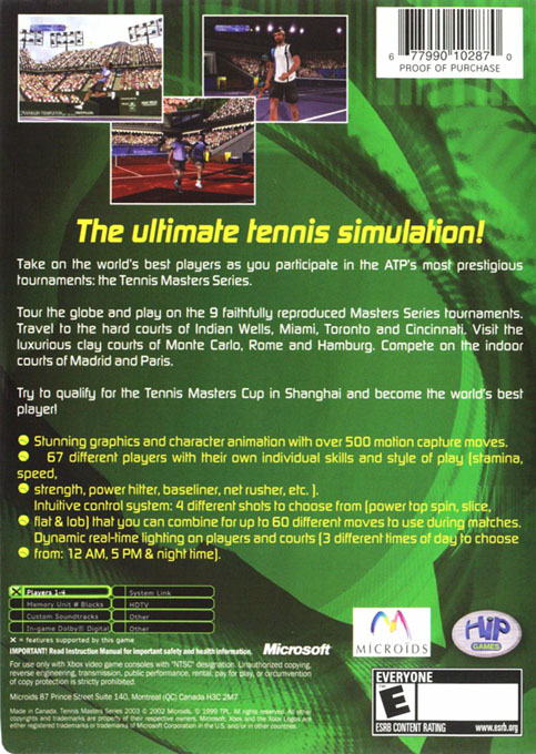 Tennis Masters Series 2003 — box-2D-back (US)