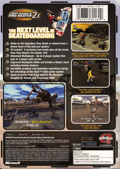 Tony Hawk's Pro Skater 2x — box-2D-back (US)