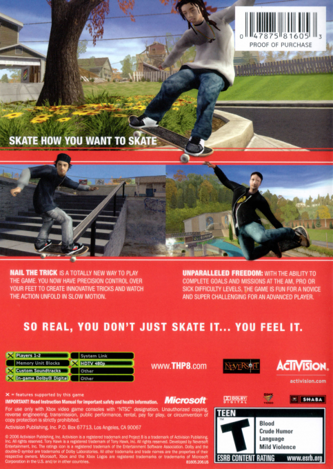 Tony Hawk's Project 8 — box-2D-back (US)